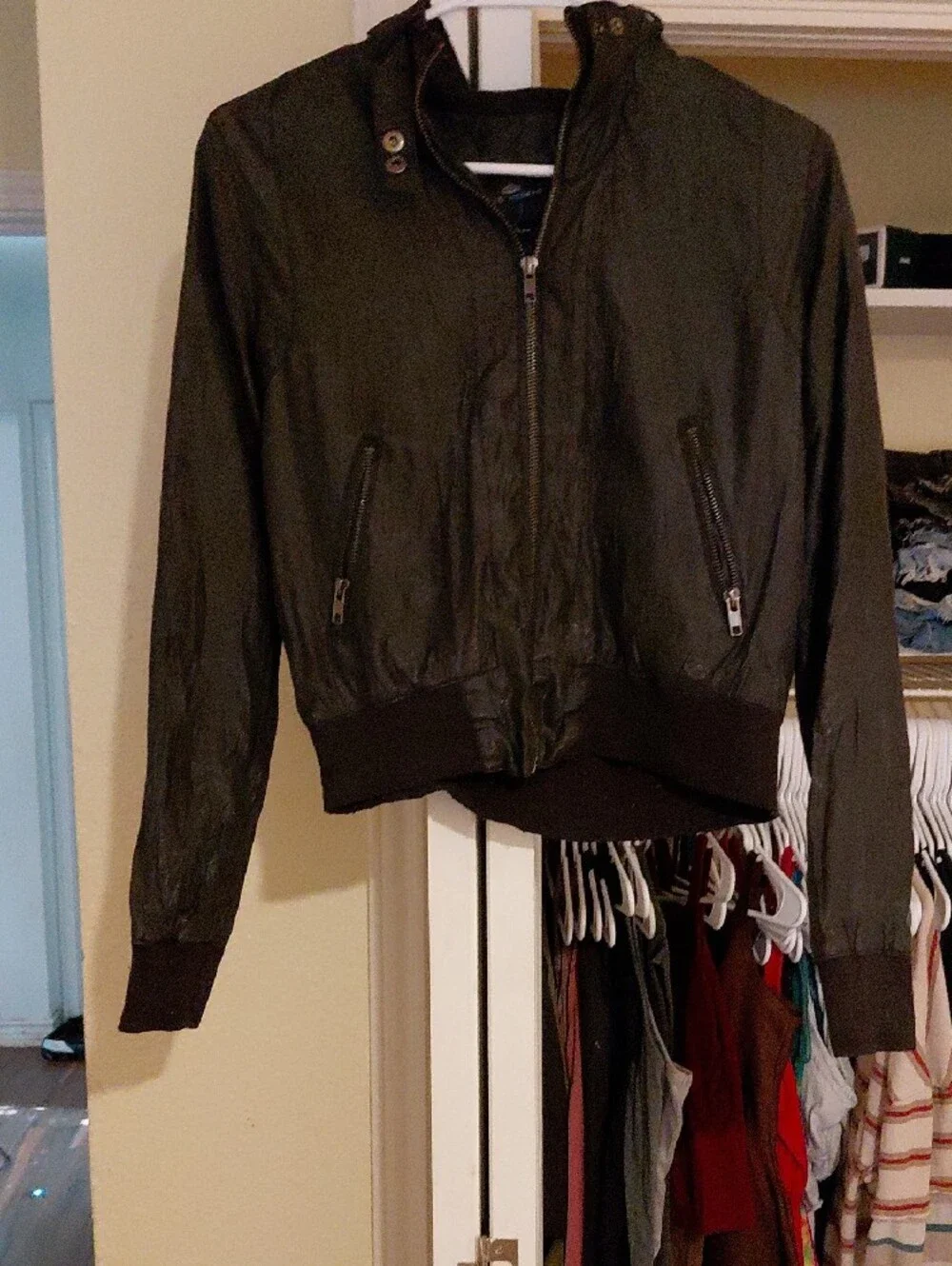 Large Iris Basic Black Shiny Bomber Jacket